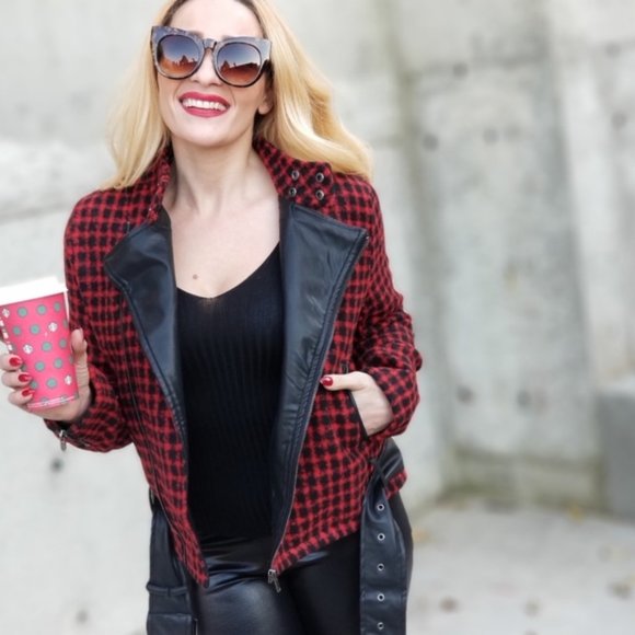 Checker Moto Jacket Red Black zipper pockets leath - Picture 1 of 6